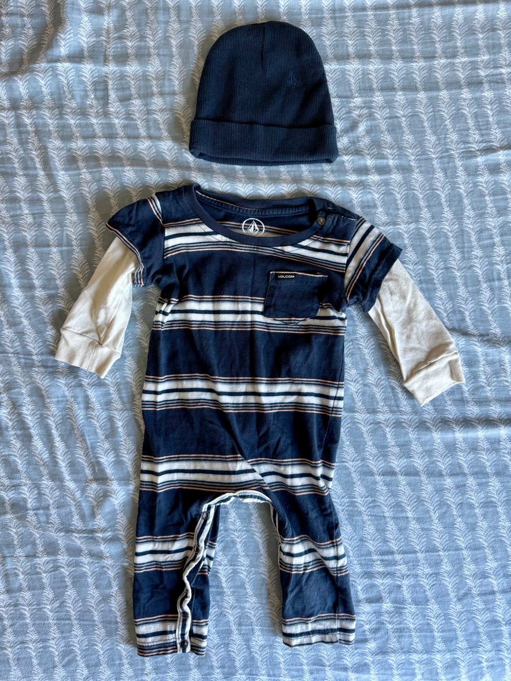 Volcom Baby Skater Navy Stripe One-Piece T-shirt Jumper with Matching Beanie
